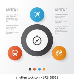 Exploration Icons Set. Collection Of Planet, Land, Guide Elements. Also Includes Symbols Such As Airplane, Bus, Direction.