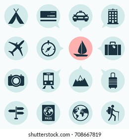 Exploration Icons Set. Collection Of Traveler, Boat, Suitcase And Other Elements. Also Includes Symbols Such As Train, Bank, Mastercard.