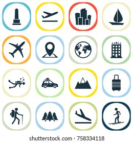 Exploration Icons Set. Includes Icons Such As Metropolis, Mount , Land.