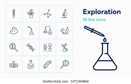 Exploration icons. Set of line icons on white background. Scientific experiment, molecule, bacteria. Biotechnology concept. Vector can be used for topics like chemistry, laboratory, medicine