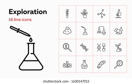 Exploration icons. Set of line icons on white background. Scientific experiment, molecule, bacteria. Biotechnology concept. Vector can be used for topics like chemistry, laboratory, medicine