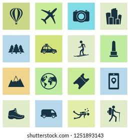 Exploration icons set with monument, mountains, ticket and other navigation elements. Isolated vector illustration exploration icons.