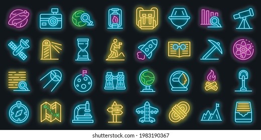 Conjunto de iconos de exploración. Conjunto de esquemas de iconos de vector de exploración color de neón en negro