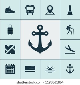 Exploration icons set with pin, sunset, aircraft and other suitcase elements. Isolated vector illustration exploration icons.