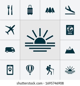 Exploration icons set with restaurant, passport, aircraft and other mount elements. Isolated vector illustration exploration icons.