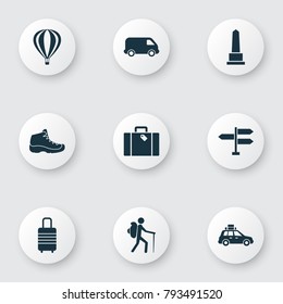 Exploration icons set with sneaker, pickup, direction and other airship elements. Isolated vector illustration exploration icons.