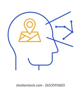 Exploración – Mapa y Pin de Locación que representa el descubrimiento y la búsqueda de conocimiento. Icono de Vector