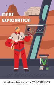 Exploration of Mars with futuristic equipment in flat vector illustration. Vertical poster with astronauts working in colonized mars. Space shuttle or ship to travel to other planets