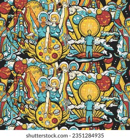 Exploration of Mars planet and Moon. Space program. Multicultural study of deep space. Astronaut, dreamer and scientist. Universe and people. Retro background. Soviet Union mosaic style, pattern