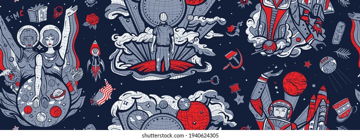 Exploration of Mars planet. Space program of America and China. Multicultural study of deep space. Astronaut, dreamer and scientist. Universe and people. Retro background. Soviet Union mosaic pattern 