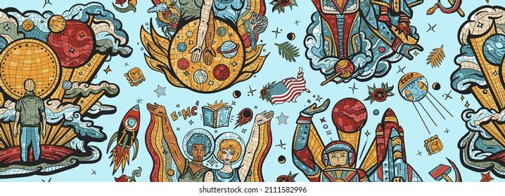 Exploration of Mars planet. Space program. Multicultural study of deep space. Astronaut, dreamer and scientist. Universe and people. Retro background. Soviet Union mosaic pattern 