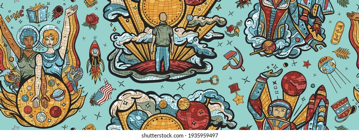 Exploration of Mars planet. Universe and people. Retro background. Soviet Union mosaic pattern. Space program of America and USSR. Multicultural study of deep space. Astronaut, dreamer and scientist 