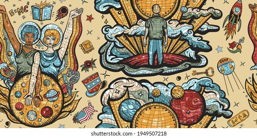 Exploration of Mars planet. Universe and people. Retro background. Space program. Multicultural study of deep space. Astronaut, dreamer and women scientists. Soviet Union mosaic pattern
