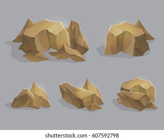 Exploration and mining of natural resources. Set of stones, cracked rocks and mountain elements. Game and app ui icons.