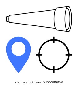 Exploración, navegación, viajes, establecimiento de objetivos, servicios de ubicación, herramientas de mapas. Telescopio con pin de ubicación y objetivo. Exploración y navegación a través de símbolos modernos