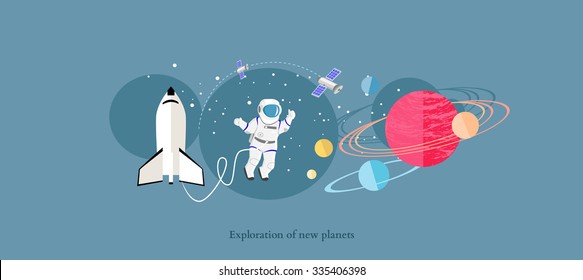 Exploration new planets icon flat isolated. Science space galaxy, universe and satellite, astronomy and astronaut, mission and rocket, solar and cosmos, probe and future discovery illustration