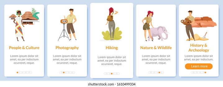 Exploration onboarding mobile app screen vector template. History and culture. Discovery, research. Walkthrough website steps with flat characters. UX, UI, GUI smartphone cartoon interface concept
