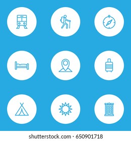 Exploration Outline Icons Set. Collection Of Canopy, Sunny, Arrows And Other Elements. Also Includes Symbols Such As Canopy, Suitcase, Tent.