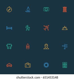 Exploration Outline Icons Set. Collection Of Traveler, Luggage, Video And Other Elements. Also Includes Symbols Such As Cab, Taxicab, Mount.