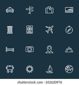 Exploration Outline Icons Set. Collection Of Ship, Plane, Sunny And Other Elements. Also Includes Symbols Such As Credit, Mountain, Bus.