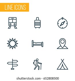 Exploration Outline Icons Set. Collection Of Bedstead, Tram, Map Pin And Other Elements. Also Includes Symbols Such As Navigate, Bedstead, Tent.