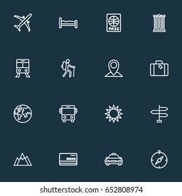 Exploration Outline Icons Set. Collection Of Tram, Taxi, Certificate And Other Elements. Also Includes Symbols Such As Luggage, Compass, Map.