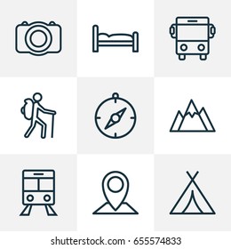 Exploration Outline Icons Set. Collection Of Video, Map Pin, Canopy And Other Elements. Also Includes Symbols Such As Backpack, Furniture, Camera.