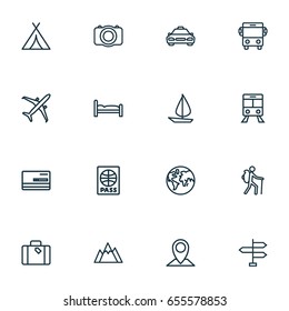 Exploration Outline Icons Set. Collection Of Tram, Canopy, Luggage And Other Elements. Also Includes Symbols Such As Mount, Passport, Front.