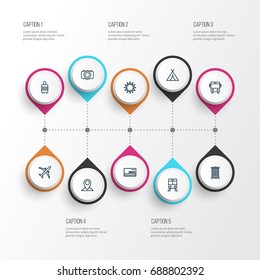 Exploration Outline Icons Set. Collection Of Auto, Map Pin, Canopy And Other Elements. Also Includes Symbols Such As, Camera, Photo.