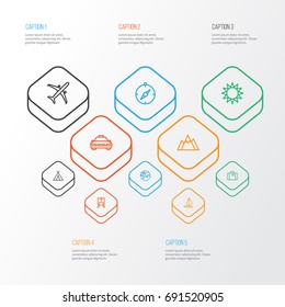 Exploration Outline Icons Set. Collection Of Arrows, Luggage, Taxi And Other Elements. Also Includes Symbols Such As Mount, Navigate, Earth.