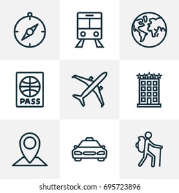 Exploration Outline Icons Set. Collection Of Tram, Certificate, Building And Other Elements. Also Includes Symbols Such As Airplane, Aircraft, Tourist.