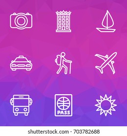 Exploration Outline Icons Set. Collection Of Auto, Building, Traveler And Other Elements. Also Includes Symbols Such As Gallery, Camera, Aircraft.