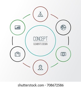 Exploration Outline Icons Set. Collection Of Credit, Earth, Canopy And Other Elements. Also Includes Symbols Such As Camera, Suitcase, Payment.