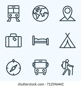 Exploration Outline Icons Set. Collection Of Map Pin, Bedstead, Tram And Other Elements. Also Includes Symbols Such As Pin, Shed, Bedstead.