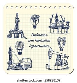 Exploration and Production infrastructure equipment in oil and gas industry. EPS8 set of 7 vector illustrations in a sketchy style imitating scribbling in the notebook or diary.