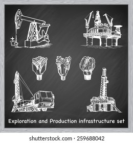 Exploration and Production infrastructure equipment in oil and gas industry. Set of 7 EPS10 vector illustrations in a sketchy style imitating scribbling on the blackboard.