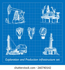 Exploration and Production infrastructure equipment in oil and gas industry. Set of 7 EPS10 vector illustrations imitating blueprint style scribbling with white marker.