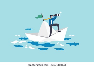 Exploration searching for new career opportunity, binocular vision to see future, look for journey, direction or guidance to success, businessman look through binocular to see sailing ship direction.