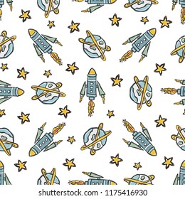 Exploration Space Background Seamless Vector Pattern, Hand Drawn Galaxy Cartoon Launch Rockets, Planets, Stars for Trendy Fashion Prints, Child Room Decor, Travel Adventure Backdrops, Sky Science Art
