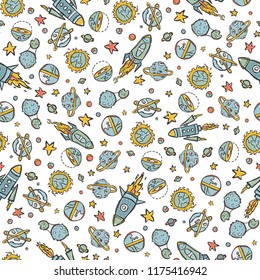 Exploration Space Background Seamless Vector Pattern, Hand Drawn Galaxy Cartoon Rockets, Planets, Stars, Comet UFO for Trendy Fashion Prints, Child Room Decor, Travel Adventure Backdrops, Science Art