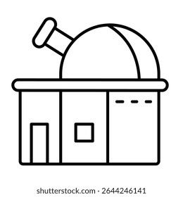 Exploration station with telescope thin line icon, cosmos concept. Vector graphics. Space research building sign on white background, style mobile or design