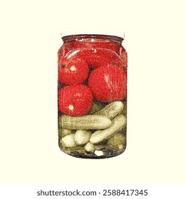 Exploration of tangy pickled snacks featuring vibrant tomatoes and assorted cucumbers in a trendy half-tone aesthetic.