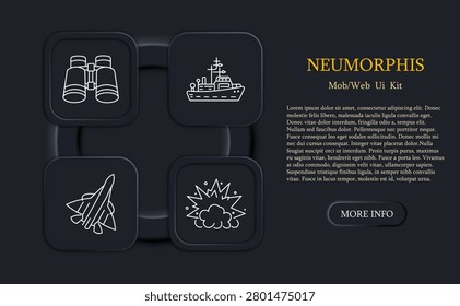 Exploration transport set icon. Line icons display binoculars, sea ship vessel, jet aircraft, explosion cloud shape, travel observation, military transport, navigation, movement