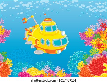 Exploratory deep-sea bathyscaphe with a manipulator swimming over colorful coral reef in blue water of a tropical sea, vector cartoon illustration