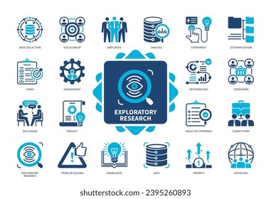 Symbol-Set für Explorationsforschung. Aufgaben, Fokusgruppe, Wissen, Datensammlung, Analyse, Soziologie, Problemlösung, Systematisierung. Duotone-Farbsymbole