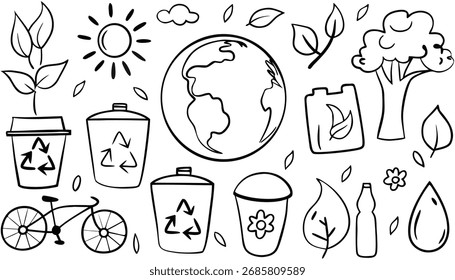 Explore 15 iconos ecológicos dibujados a mano con tierra, papeleras de reciclaje y Naturaleza para el arte verde