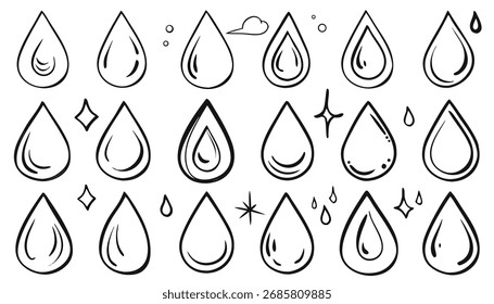 Explorar 15 ícones de gota de água desenhados à mão para projetos de natureza, arte e design criativo