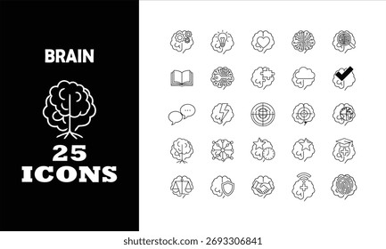 Explore 25 unique brain icons perfect for illustrating concepts of knowledge, creativity, and mental health. Use for presentations, websites, and educational materials.