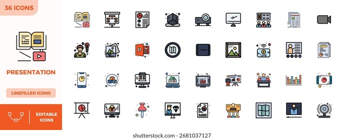 Explore 36 Lineal Color Filled PIXEL perfect vector icons in 128x128 resolution inspired by Presentation. Perfect for web and app interfaces.
