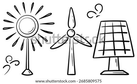 Explore 5 Hand-Drawn Renewable Energy Icons with Solar, Wind, and Sun Designs